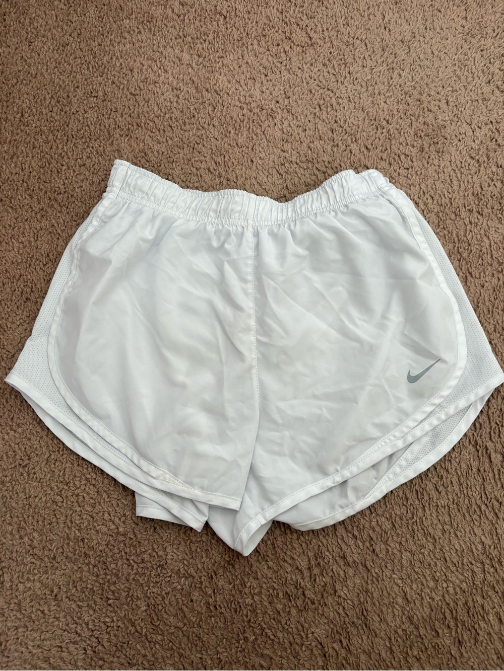 Nike White Women’s Athletic Running Shorts with Silver Swoosh